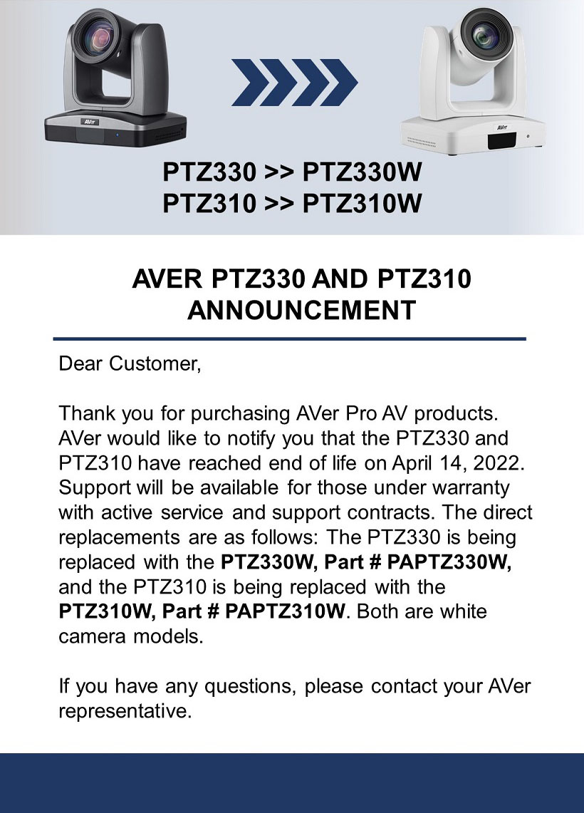 AVer PTZ330, PTZ310 EOL announcement