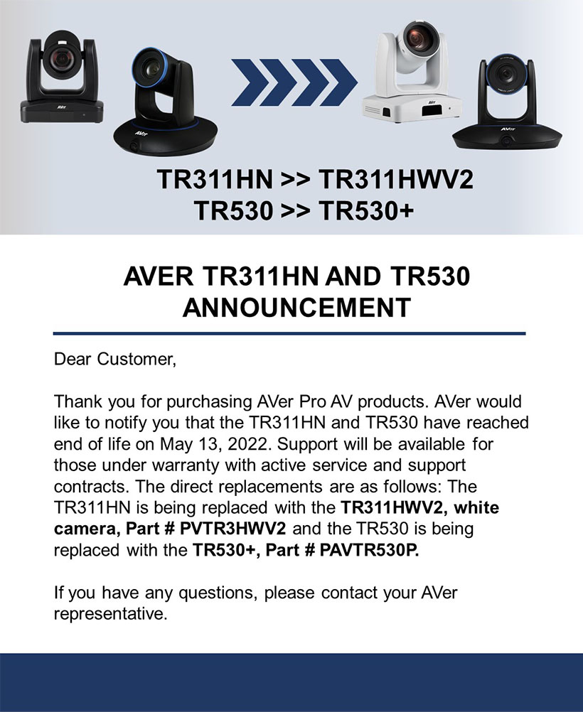 AVer TR11HN, TR530 EOL announcement